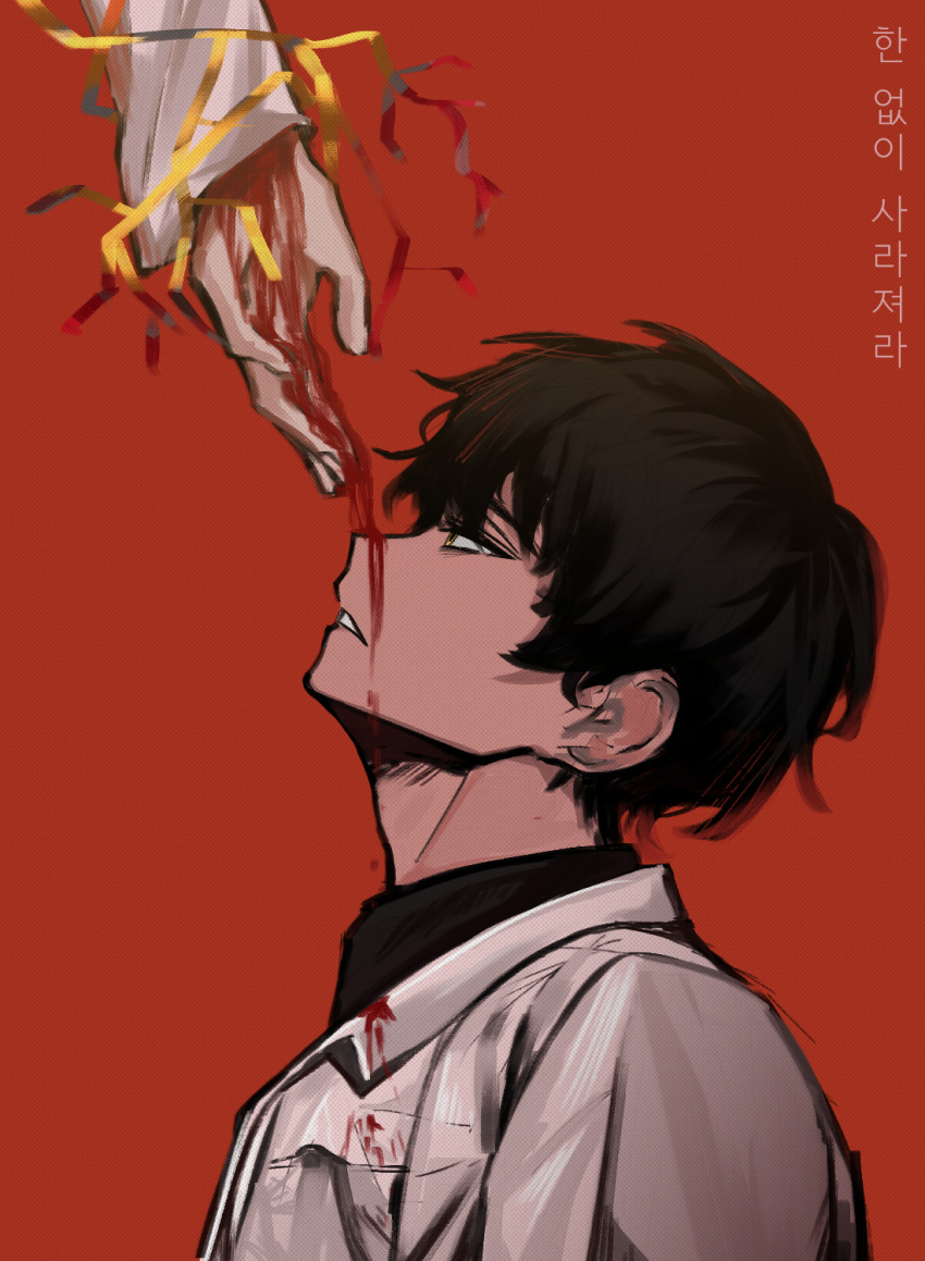 1boy, ayin_(project_moon), black_hair, black_shirt, blood, coat, collared_shirt, highres