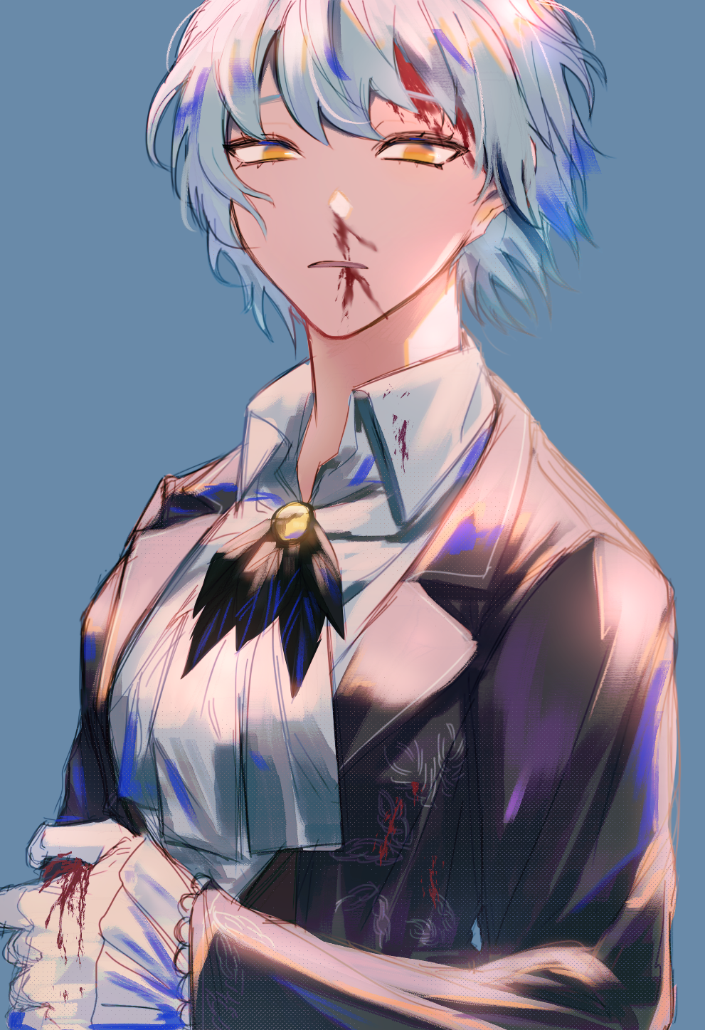 1girl, angela_(project_moon), ascot, blood, blood_on_face, blue_background, blue_coat, blue_hair