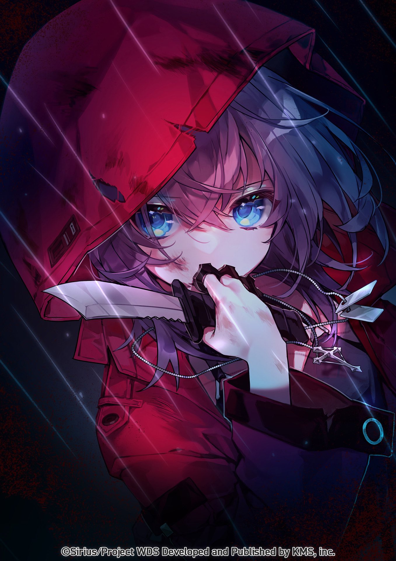 1girl, blue_eyes, cross, cross_necklace, dagger, dog_tags, highres, holding