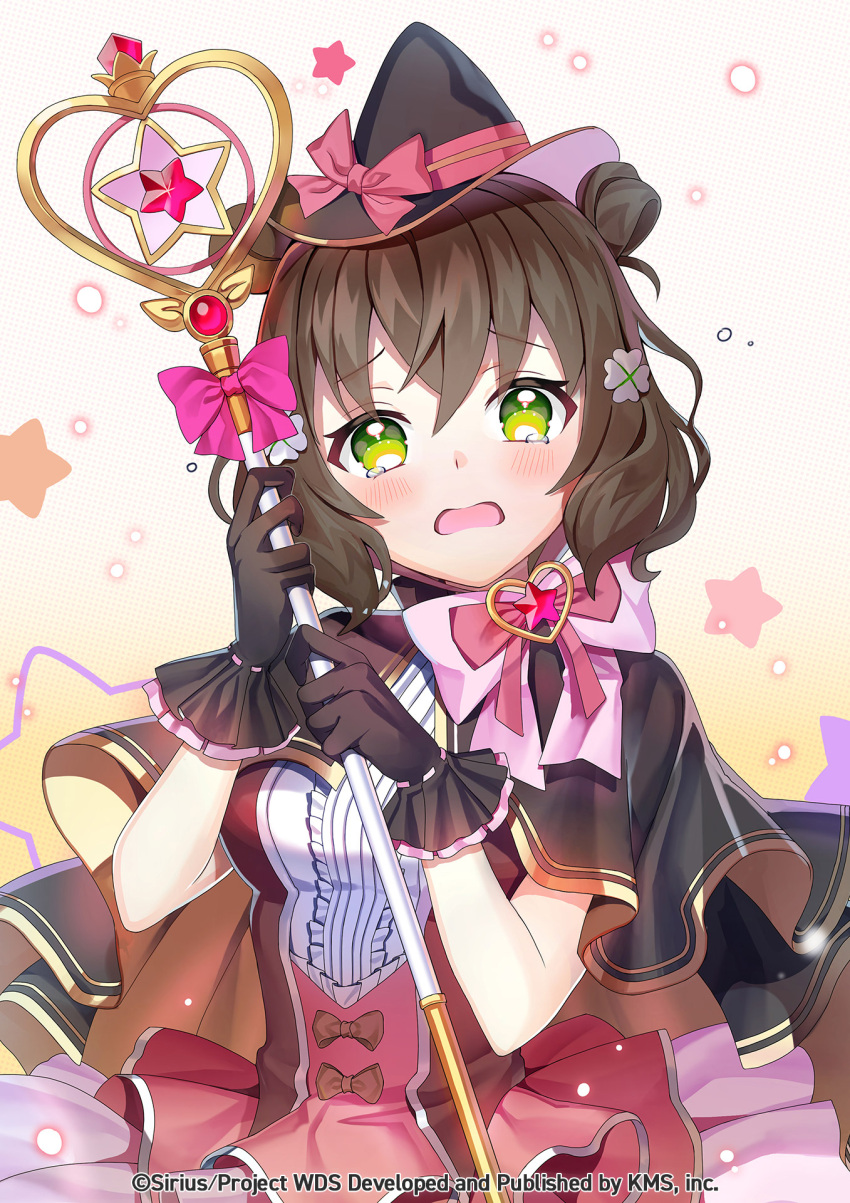 1girl, black_capelet, black_gloves, black_headwear, blush, bow, brown_hair, capelet