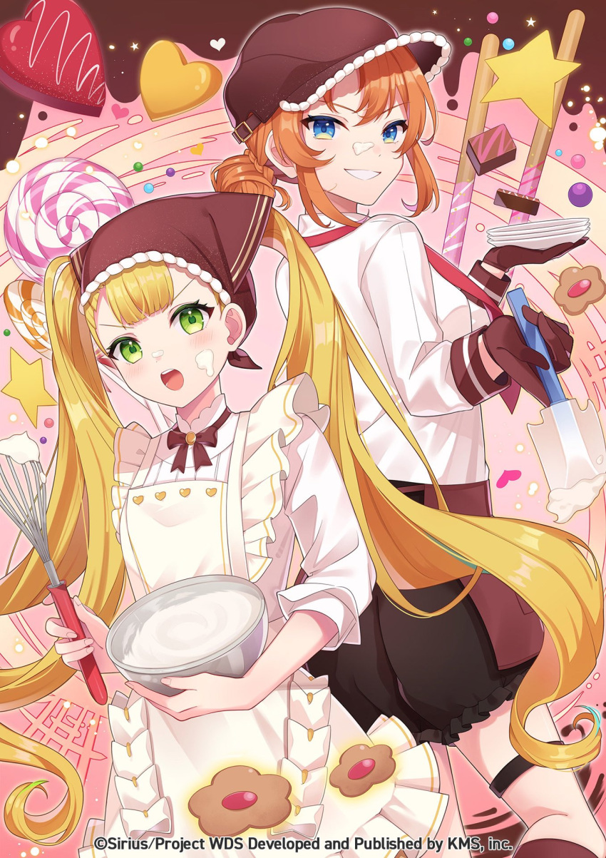 2girls, apron, blonde_hair, blue_eyes, brown_gloves, brown_headwear, candy, cookie