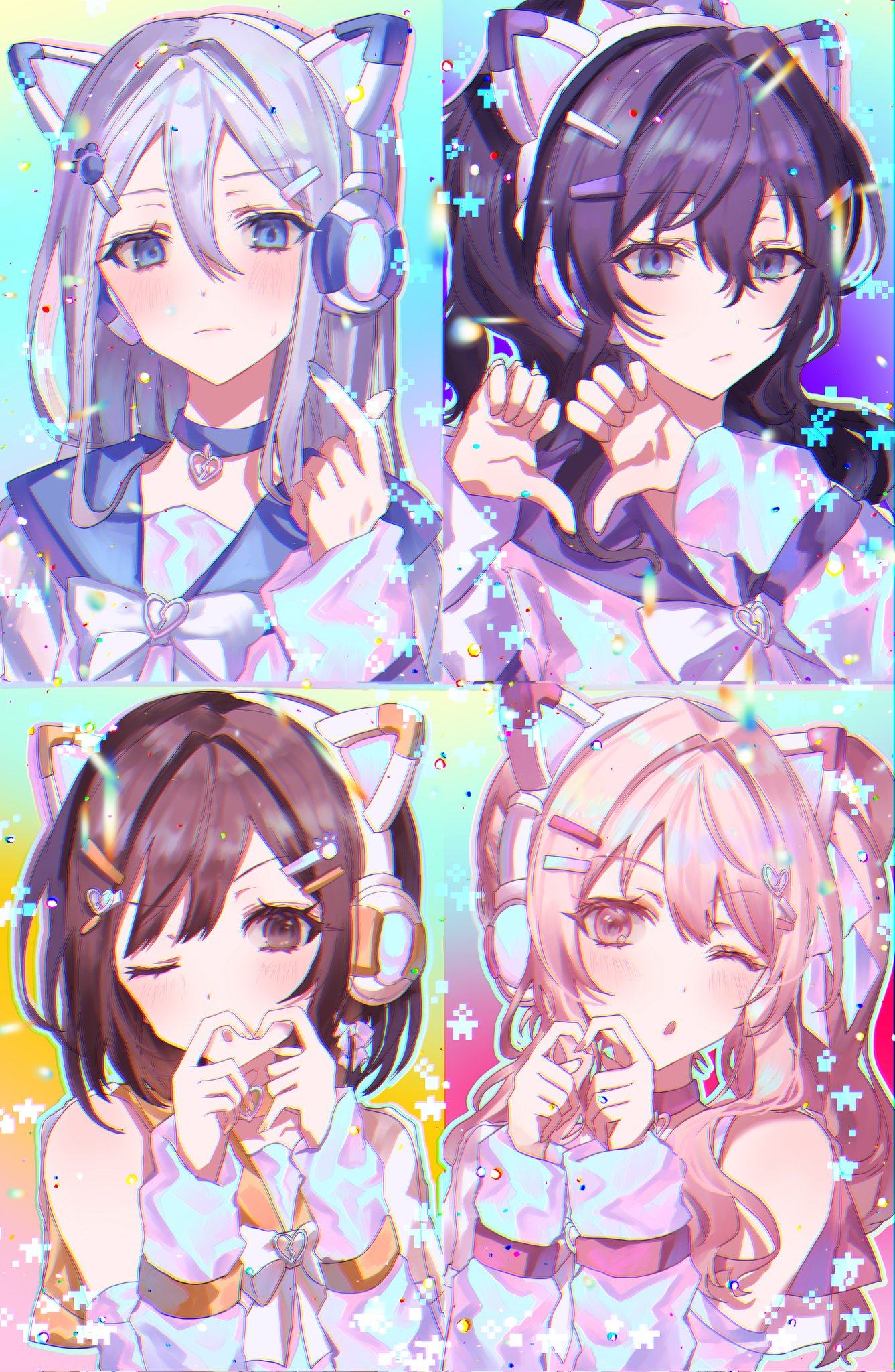 1other, 25-ji_nightcord_de._(project_sekai), 3girls, akiyama_mizuki, androgynous, animal_ear_headphones, animal_ears, asahina_mafuyu