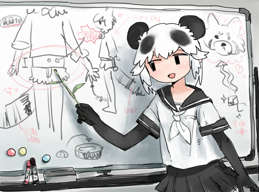 1girl, animal_ears, bamboo, black_eyes, black_gloves, black_hair, black_sailor_collar, board_eraser