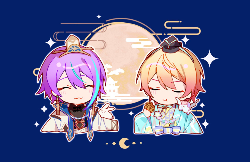 2boys, :3, blonde_hair, blue_background, blue_bow, blue_hair, blue_kimono, bow, closed_eyes, closed_mouth, eating, egasumi, full_moon, hakunetsu!_kamikou_ouendan!_(project_sekai), highres, japanese_clothes, kamishiro_rui, kimono, long_sleeves, moon, moon_rabbit, mooncake, multicolored_hair, multiple_boys, otorrio, project_sekai, purple_hair, simple_background, smile, streaked_hair, tenma-sanchi_no_hinamatsuri_(project_sekai), tenma_tsukasa, white_kimono, wide_sleeves