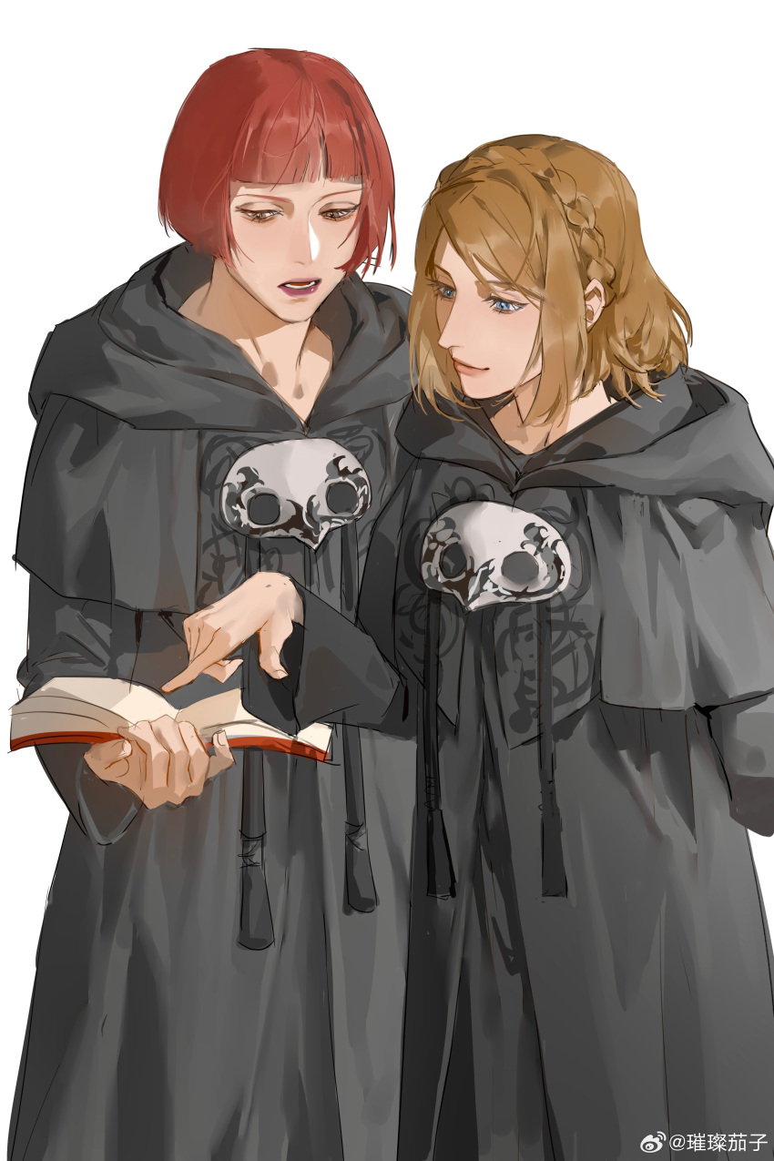2girls, absurdres, arm_behind_back, athena_(ff14), blue_eyes, blunt_bangs, book, bowl_cut