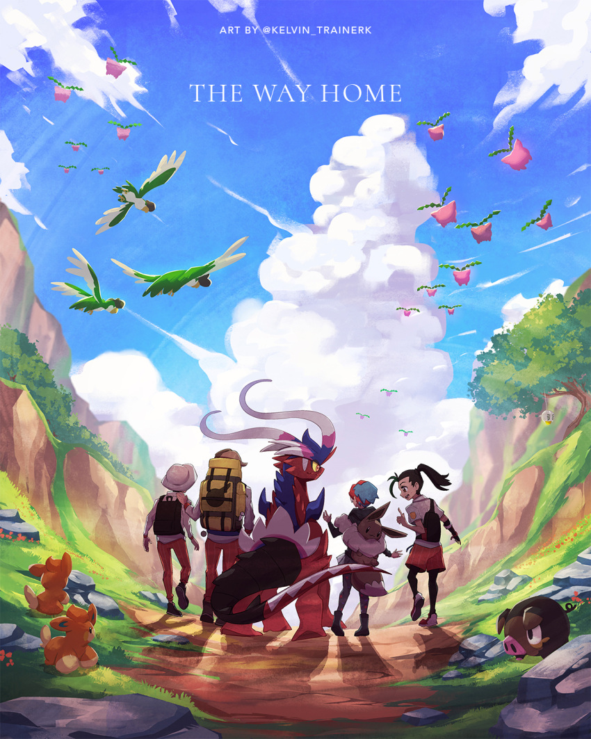 2boys, 2girls, arven_(pokemon), backpack, bag, black_hoodie, boots, brown_bag, clouds, commentary, day, florian_(pokemon), from_behind, grass, hat, highres, hood, hoodie, hoppip, index_finger_raised, kelvin-trainerk, koraidon, lechonk, multicolored_hair, multiple_boys, multiple_girls, nemona_(pokemon), outdoors, pants, pantyhose, pawmi, penny_(pokemon), pokemon, pokemon_(creature), pokemon_(game), pokemon_sv, ponytail, school_uniform, shirt, shoes, sky, squawkabilly, standing, twitter_username, two-tone_hair, watermark, yellow_bag