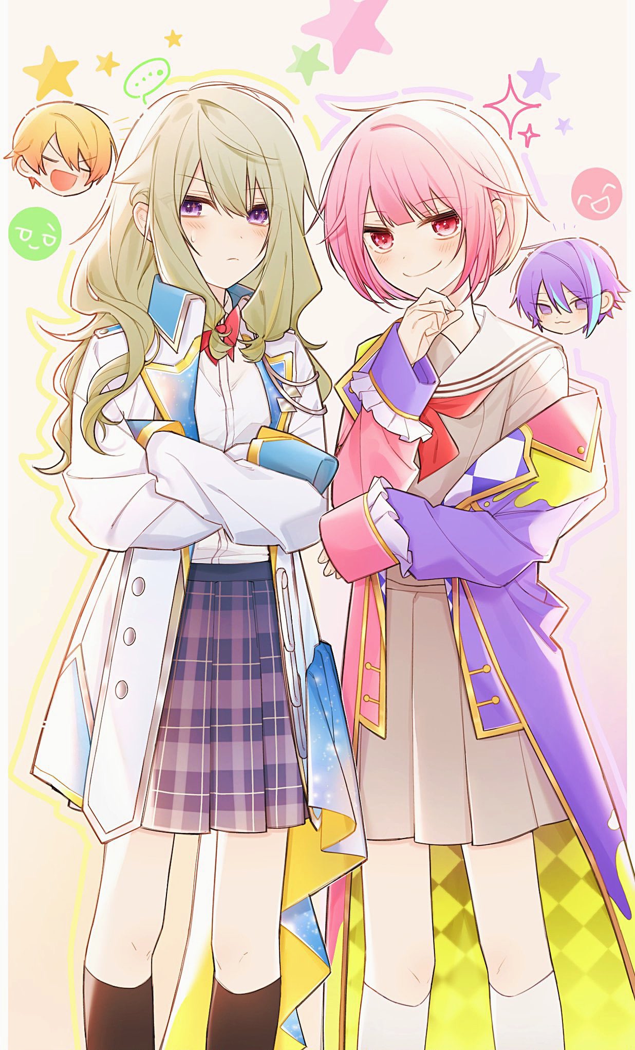2boys, 2girls, black_socks, blonde_hair, blue_skirt, bow, bowtie, closed_mouth