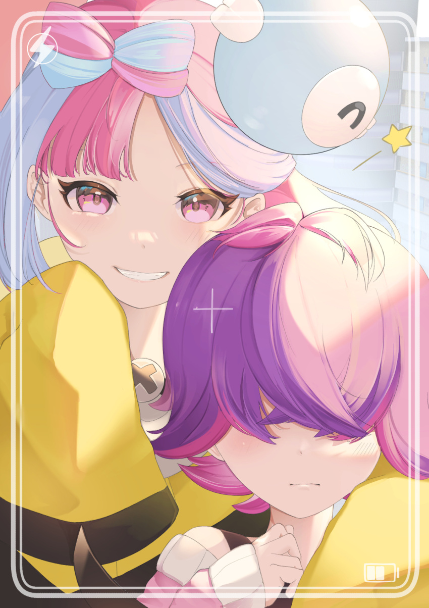 2girls, blue_hair, blush, bow-shaped_hair, cardigan, character_hair_ornament, closed_mouth, commentary_request