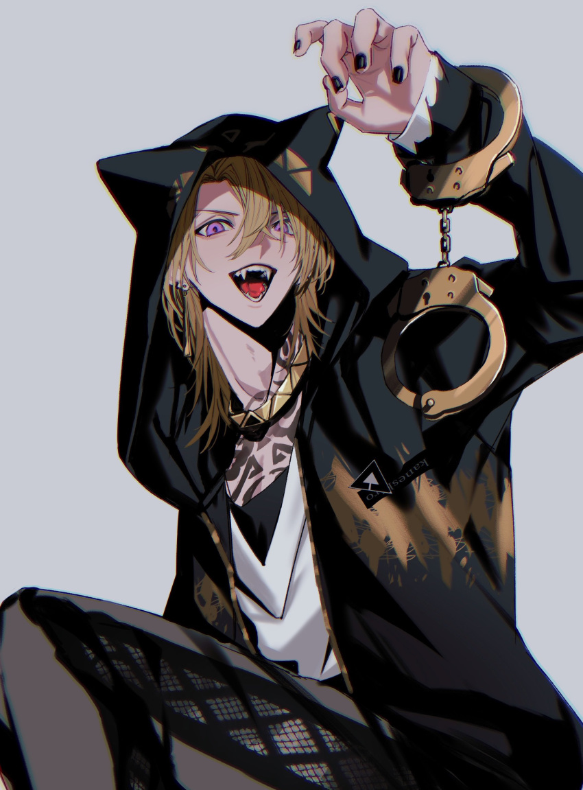 1boy, 555goo1, absurdres, animal_hood, black_nails, blonde_hair, chest_tattoo, cuffs