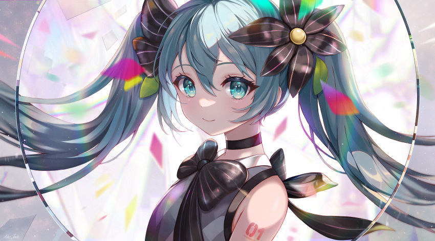 1girl, absurdres, aqua_eyes, bare_shoulders, black_bow, black_bowtie, black_choker, black_flower
