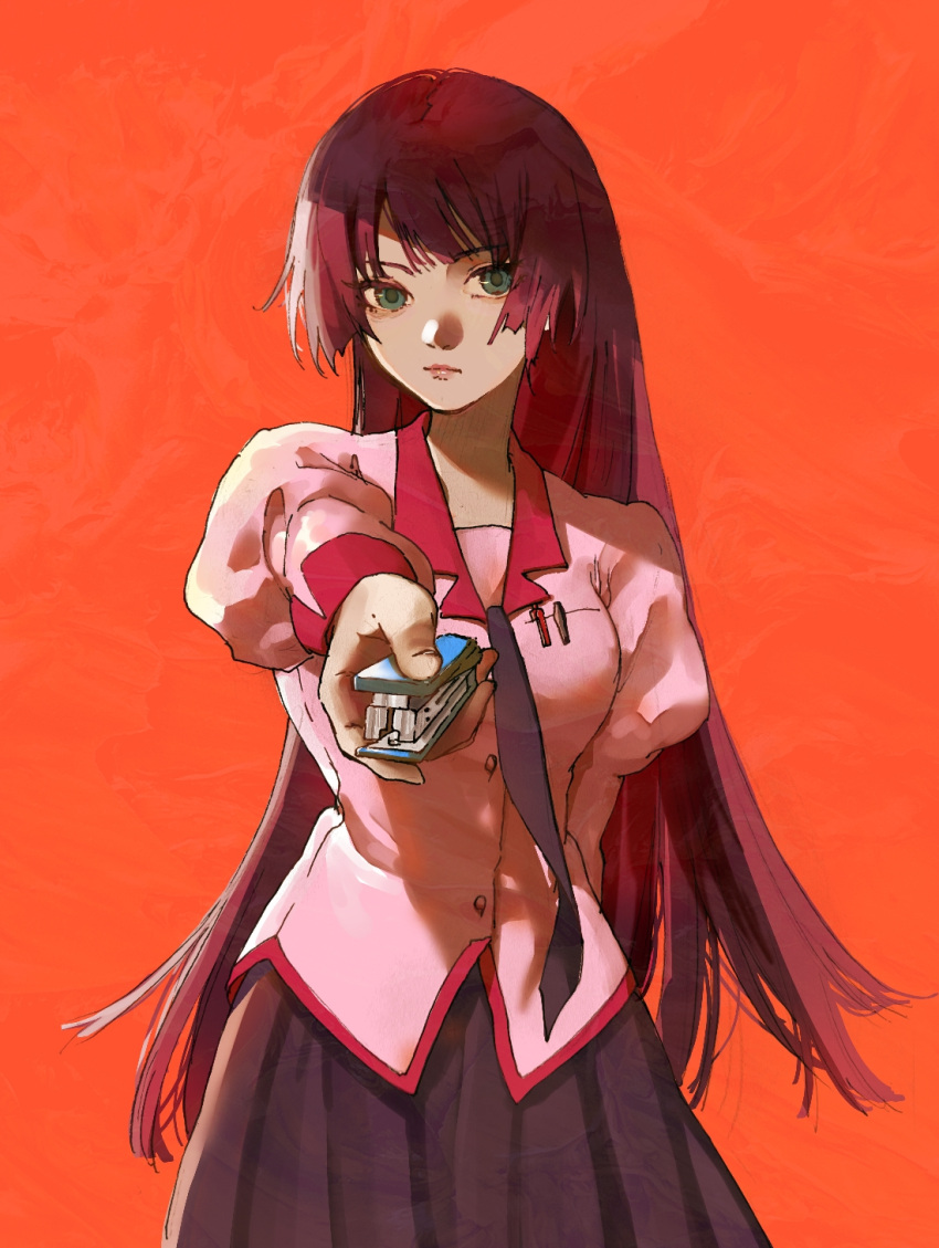 1girl, aqua_eyes, arm_behind_back, bakemonogatari, breasts, closed_mouth, cowboy_shot, highres, holding, juliet_sleeves, lips, long_hair, long_sleeves, looking_at_viewer, medium_breasts, mitomori_(silverowl6), monogatari_(series), naoetsu_high_school_uniform, necktie, orange_background, outstretched_arm, parted_bangs, pink_shirt, pleated_skirt, puffy_sleeves, purple_necktie, purple_skirt, school_uniform, senjougahara_hitagi, shadow, shirt, short_hair, sidelocks, skirt, solo, stapler, very_long_hair