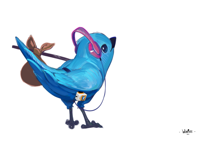 absurdres, beak, bird, blue_bird, blue_eyes, blue_feathers, digital_media_player, feathers