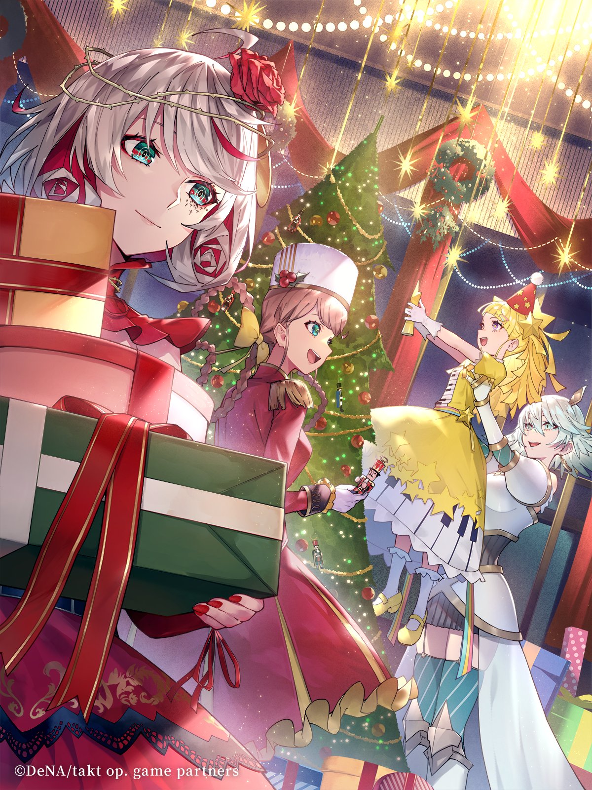 4girls, anna_schneider, aqua_eyes, aqua_thighhighs, blue_eyes, blunt_bangs, bow, box