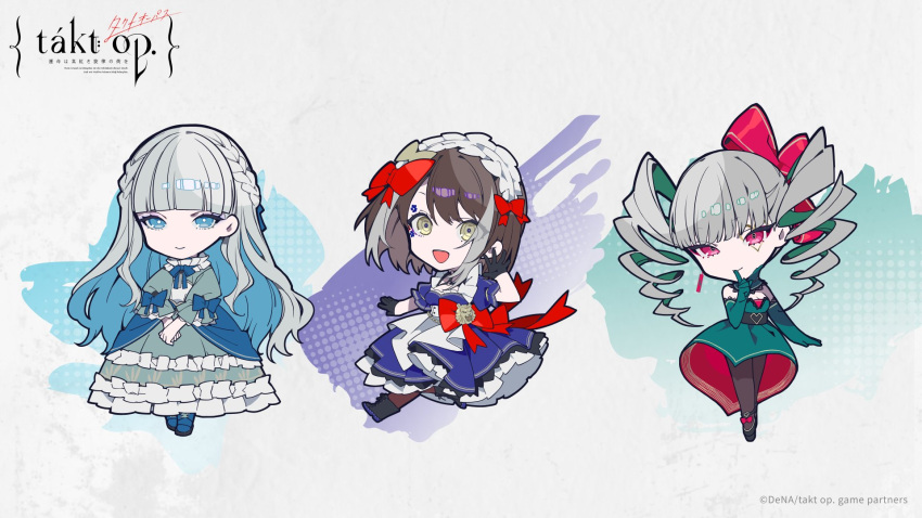 3girls, black_gloves, blue_dress, blue_eyes, blue_hair, blunt_bangs, bow, canon_(takt_op.)