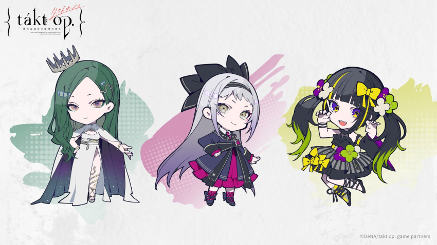 3girls, bare_shoulders, black_hair, blonde_hair, bracelet, chibi, claw_pose, crown, dress, erlking_(takt_op.), fantasie_impromptu_(takt_op.), flower, green_flower, green_hair, grey_hair, highres, jewelry, long_hair, long_sleeves, looking_at_viewer, makeup, mochizuki_kei, multiple_girls, official_art, pomp_and_circumstance_(takt_op.), purple_flower, smile, takt_op._destiny, very_long_hair, violet_eyes, white_dress, yellow_eyes