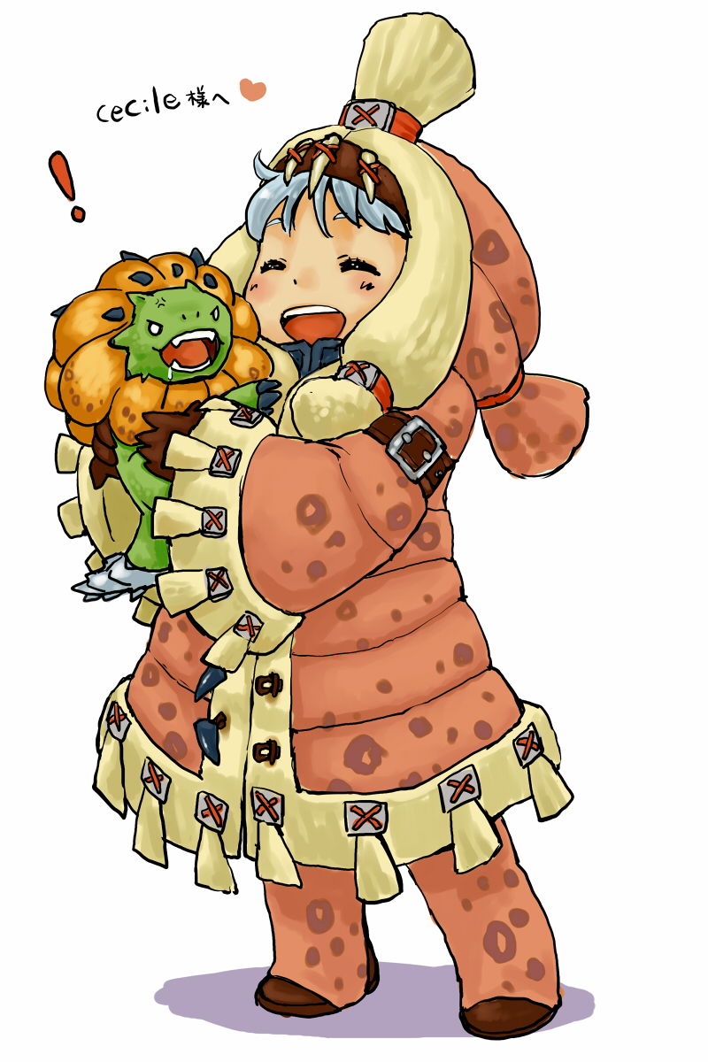 anger_vein, closed_eyes, happy, highres, holding_hands, ludroth, ludroth_(armor), monster_hunter, monster_hunter_3, purin, royal_ludroth, smile, solo
