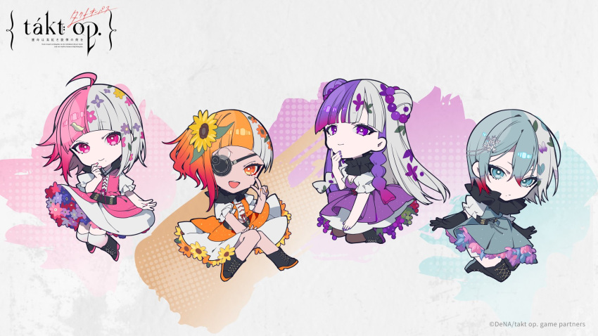 4girls, ahoge, aqua_eyes, autumn_(takt_op.), black_gloves, blue_eyes, blue_flower, blue_hair, blunt_bangs, chibi, double_bun, dress, elbow_gloves, eyepatch, flower, flower_trim, food, frilled_sleeves, frills, fruit, gloves, gradient_hair, grapes, grey_hair, hair_bun, hair_flower, hair_ornament, highres, leaf_hair_ornament, light_blue_hair, long_hair, long_sleeves, looking_at_viewer, makeup, medium_hair, mochizuki_kei, mole, mole_under_eye, mole_under_mouth, multicolored_hair, multiple_girls, nail_polish, official_art, orange_eyes, orange_hair, orange_skirt, pink_dress, pink_eyes, pink_flower, pink_hair, pink_nails, pink_skirt, puffy_short_sleeves, puffy_sleeves, purple_dress, purple_flower, purple_hair, red_flower, redhead, short_hair, short_sleeves, skirt, smile, snowflake_hair_ornament, spring_(takt_op.), summer_(takt_op.), takt_op._destiny, two-tone_hair, very_long_hair, wavy_hair, white_flower, white_hair, winter_(takt_op.), yellow_flower