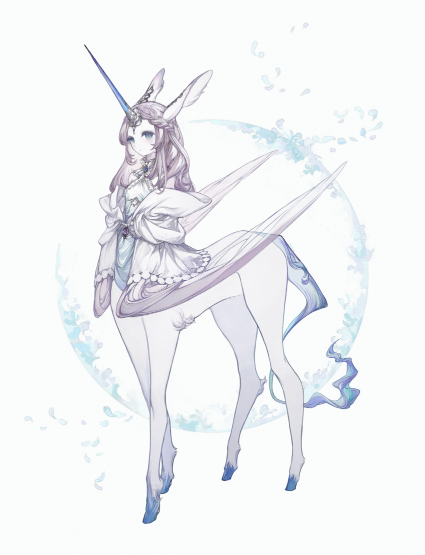1girl, :/, absurdres, animal_ears, blue_eyes, blue_gemstone, blue_horns, centauroid