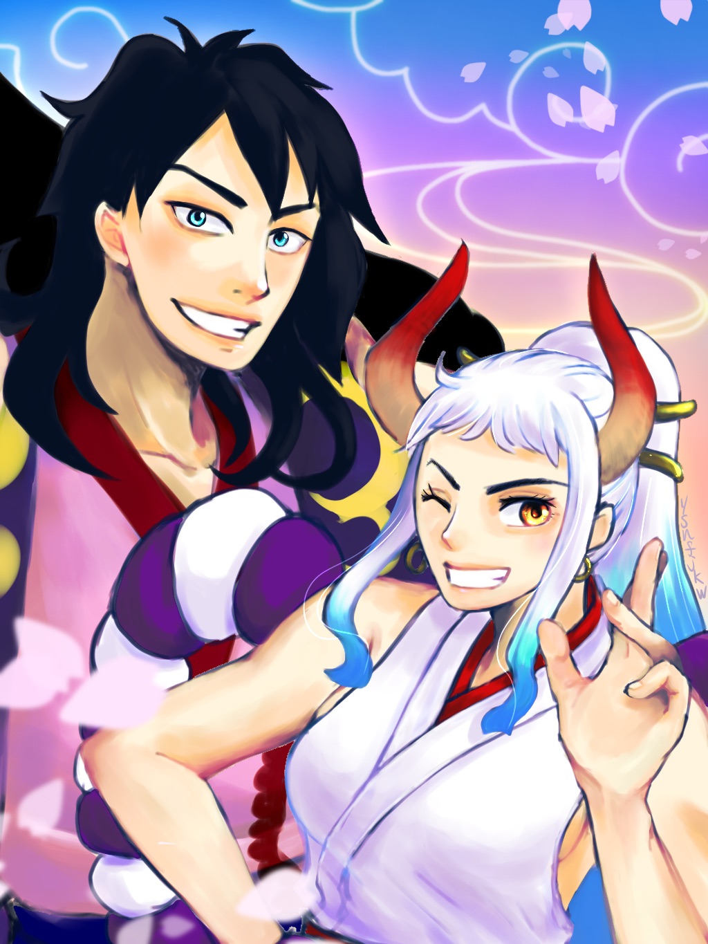1boy, 1girl, black_hair, blue_eyes, earrings, hair_ornament, highres, hoop_earrings, horns, japanese_clothes, jewelry, long_hair, looking_at_viewer, momonosuke_(one_piece), multicolored_hair, one_eye_closed, one_piece, oni, oni_horns, ponytail, smile, streaked_hair, teeth, traditional_clothes, yamato_(one_piece), yellow_eyes, ysnfjkw