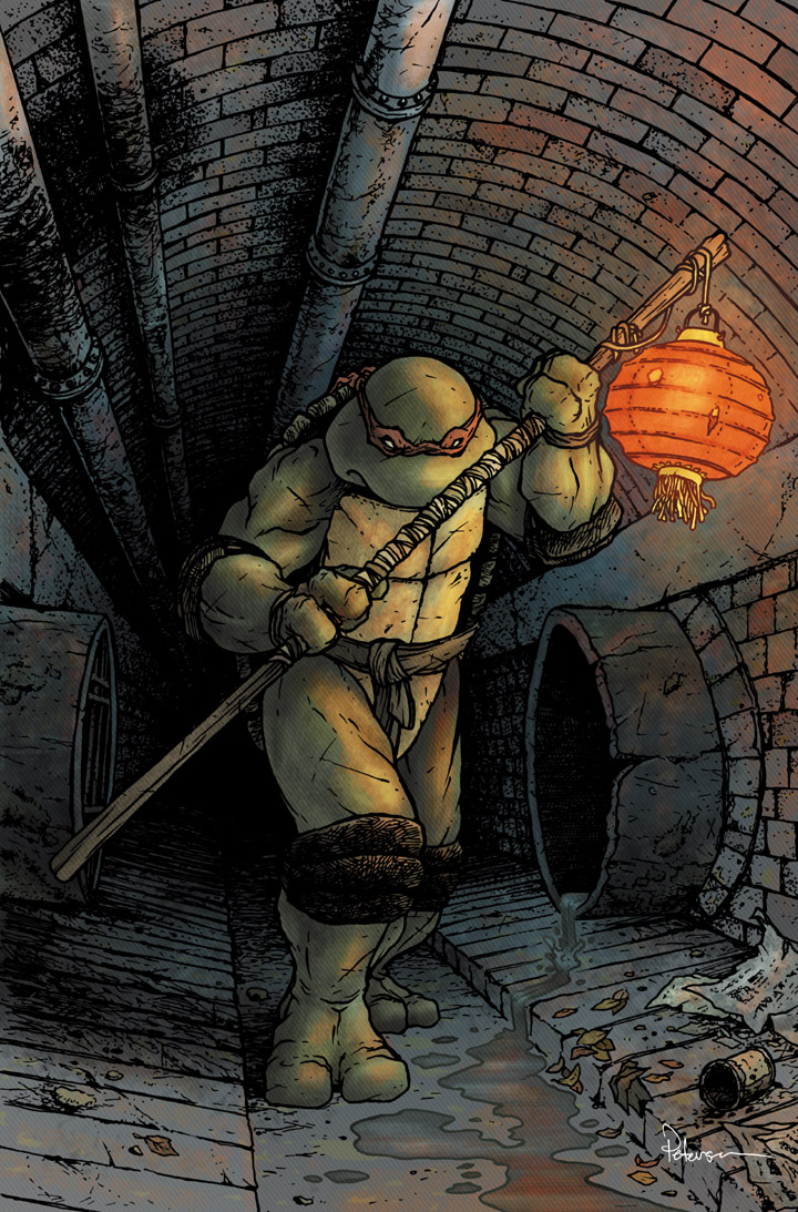 1boy, david_petersen, donatello, english_commentary, facing_viewer, full_body, holding, holding_weapon
