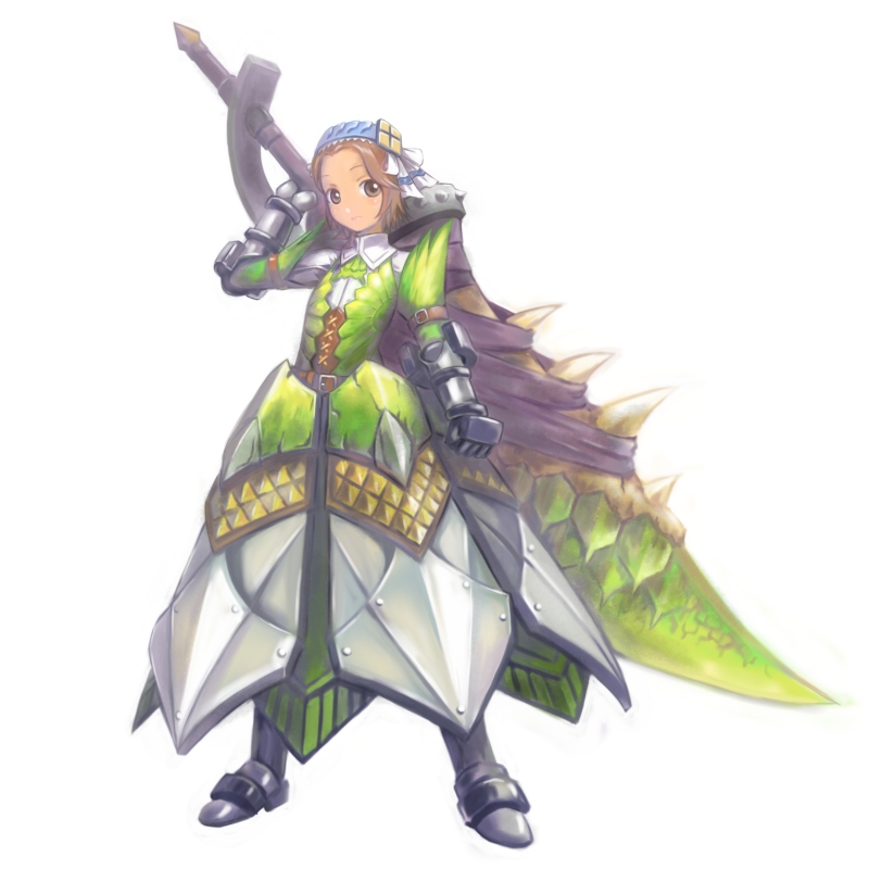 armored_dress, bnahabra_(armor), brown_eyes, brown_hair, flat_chest, jhen_mohran_(armor), monster_hunter, monster_hunter_3, mzd421, rathian_(armor), simple_background, solo, sword, weapon