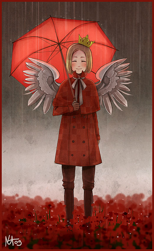 axis_powers_hetalia, blonde_hair, border, coat, crown, male, poland_(hetalia), poppy_(flower)