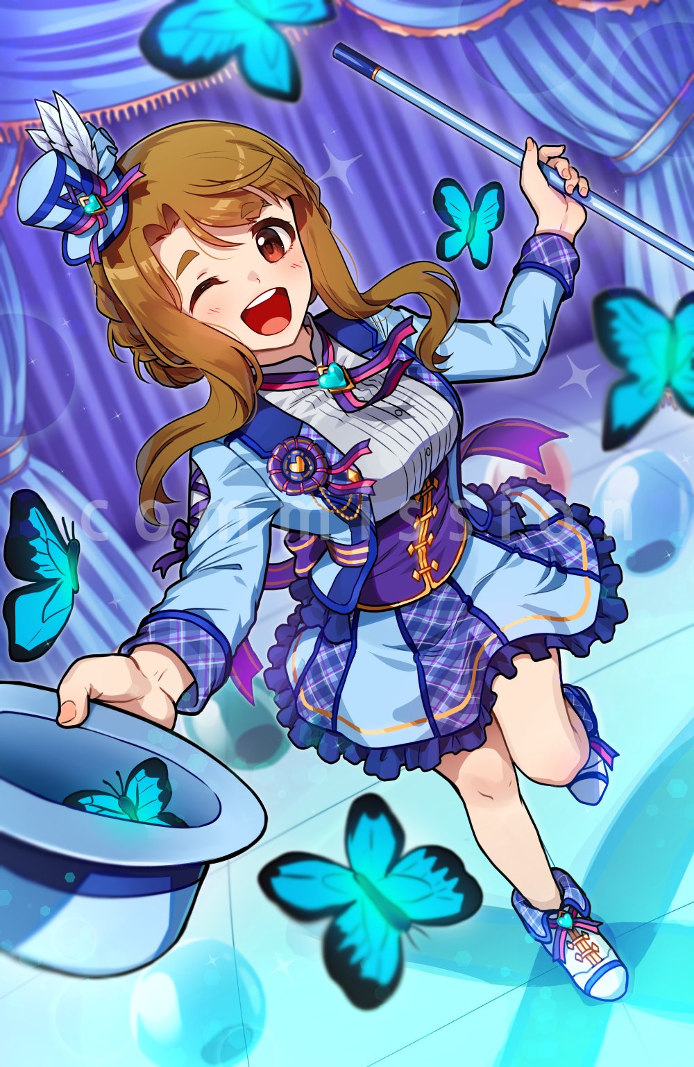 1girl, blue_curtain, blue_headwear, blue_jacket, blue_skirt, blush, brown_eyes, brown_hair