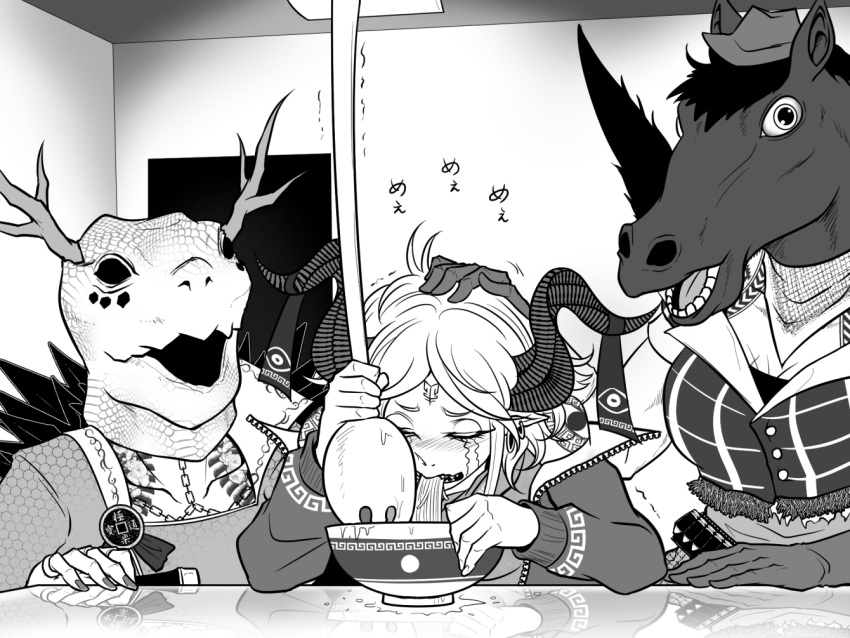 3girls, alternate_costume, animal_head, antlers, bandana, black_fur, blank_room_soup, bowl