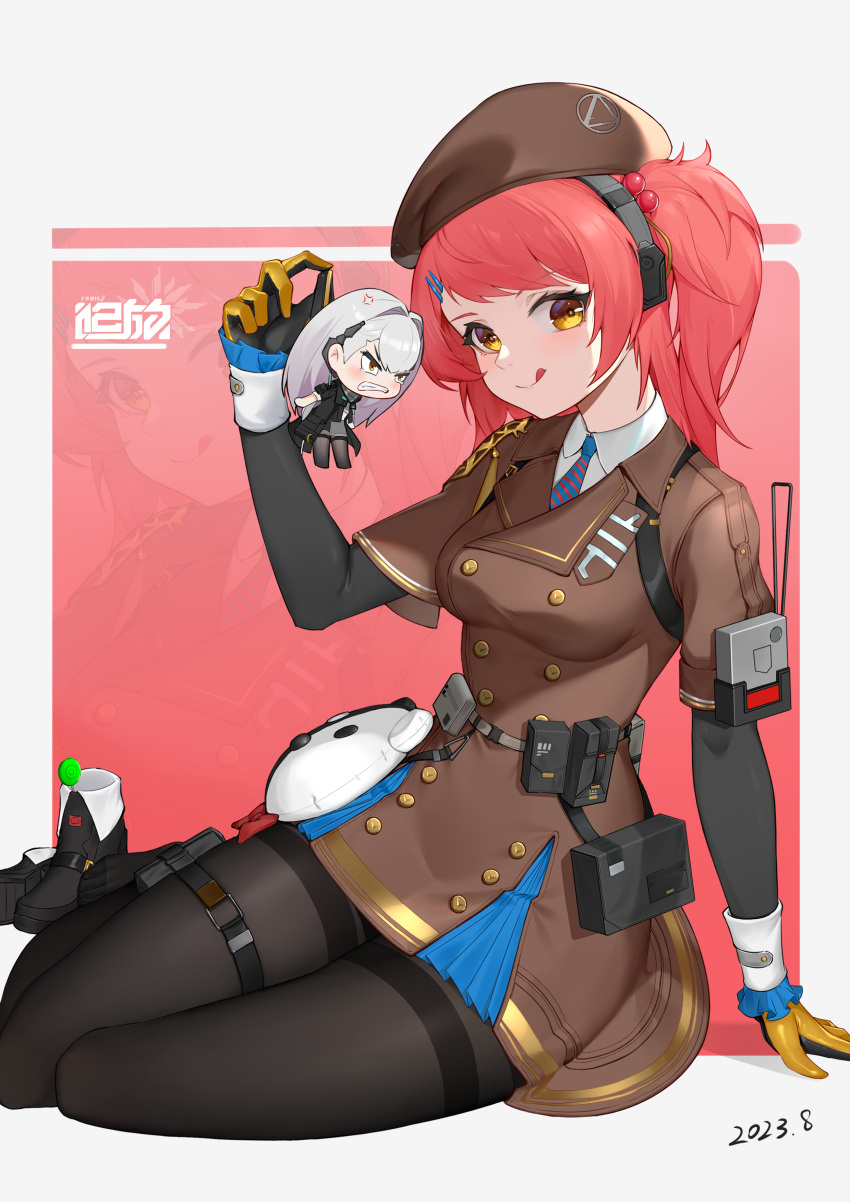 1437823832, 2girls, :q, absurdres, ak-alfa_(girls'_frontline), ammunition_belt, ammunition_pouch, anger_vein, angry, beret, black_pantyhose, breasts, candy, chibi, closed_mouth, collared_shirt, food, frills, full_body, girls'_frontline_2:_exilium, girls_frontline, gloves, grey_hair, grin, hat, headset, highres, jacket, licking_lips, lollipop, looking_at_another, looking_at_viewer, medium_breasts, medium_hair, mini_person, minigirl, mp7_(girls'_frontline), multiple_girls, necktie, pantyhose, pouch, redhead, shirt, shoes, shoes_removed, side_ponytail, smile, solo_focus, thigh_strap, thighband_pantyhose, tongue, tongue_out, yellow_eyes