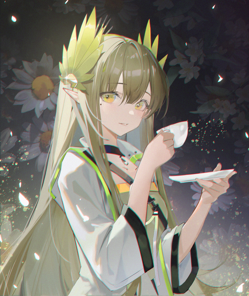 1girl, absurdres, arknights, character_request, chinese_commentary, commentary_request, cup, flower