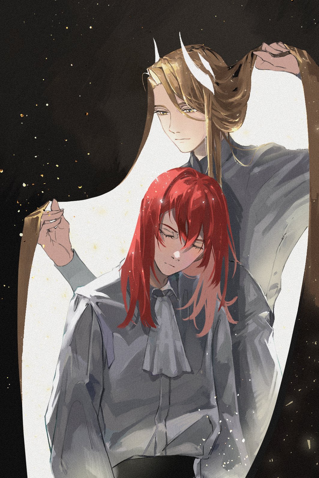 2boys, black_background, blonde_hair, cale_henituse, closed_eyes, collared_shirt, eruhaben, hair_between_eyes