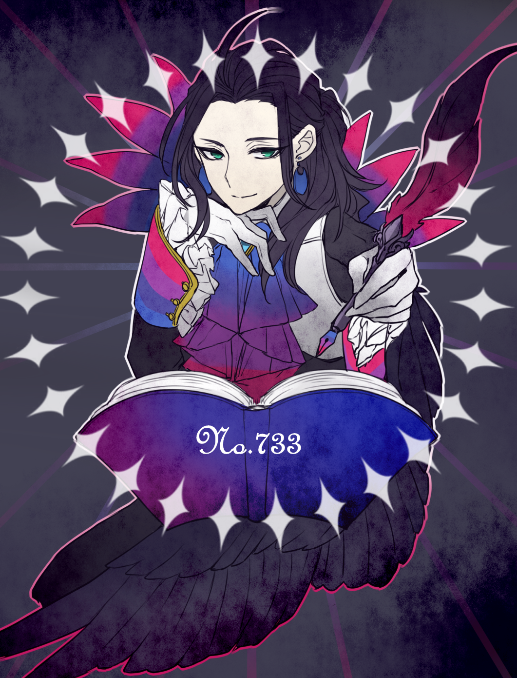 1boy, ahoge, alternate_color, ascot, black_hair, black_jacket, black_wings, blue_ascot