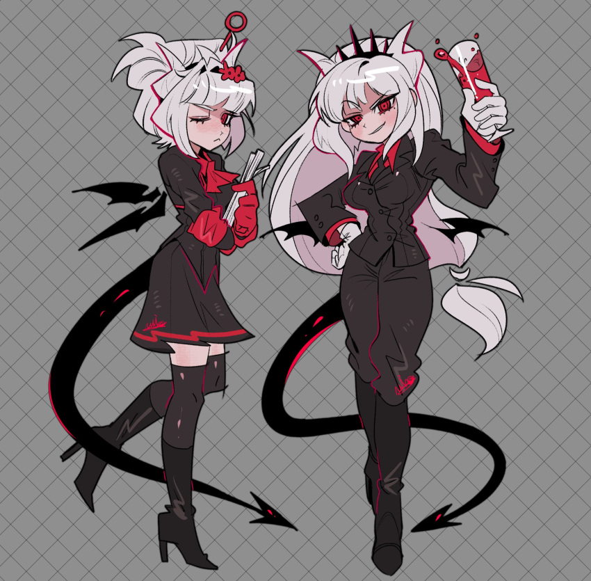 1girl, 3mia_hadi3, black_footwear, black_jacket, black_pants, cup, demon, demon_girl