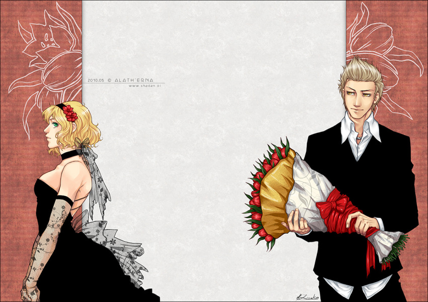 axis_powers_hetalia, belgium_(hetalia), blonde_hair, bouquet, brother_and_sister, bustle, dress, elbow_gloves