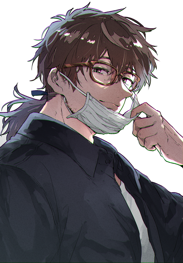 1boy, bespectacled, black_jacket, blue_ribbon, brown_hair, chromatic_aberration, closed_mouth, facial_hair