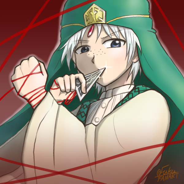 1boy, blue_eyes, buttons, clenched_hand, covered_mouth, dagger, egyptian_clothes, fingernails, freckles, fuku86u, green_headwear, holding, holding_dagger, holding_knife, holding_weapon, ja'far_(magi), keffiyeh, knife, magi_the_labyrinth_of_magic, male_focus, red_background, shirt, short_hair, solo, sparkle, string, twitter_username, upper_body, weapon, white_hair, white_shirt, wide_sleeves