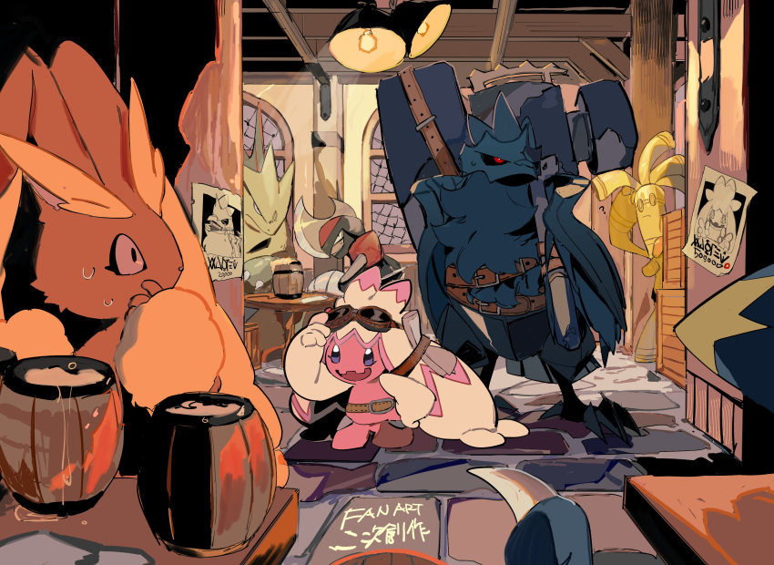 :d, ?, apios, barrel, belt, belt_buckle, bisharp, buckle, claws, corviknight, crying, cup, drink, flight_goggles, garchomp, gholdengo, goggles, goggles_on_head, hammer, highres, light_bulb, lights, lopunny, mug, pointing, pokemon, rolled_up_paper, saloon_doors, smile, stone_floor, sweatdrop, table, tinkaton, tyranitar, utility_belt, v, wanted