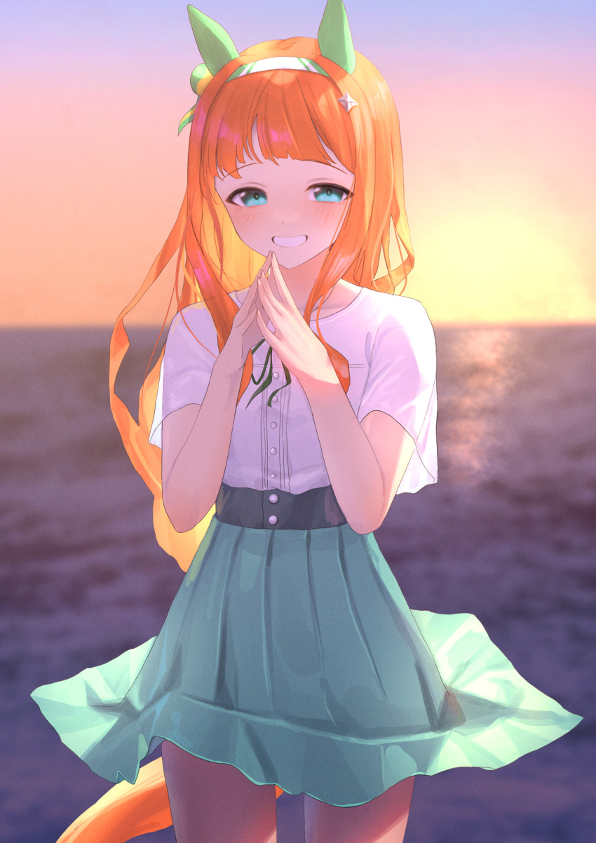 1girl, animal_ears, aqua_eyes, blush, casual, commentary, cowboy_shot, ear_covers