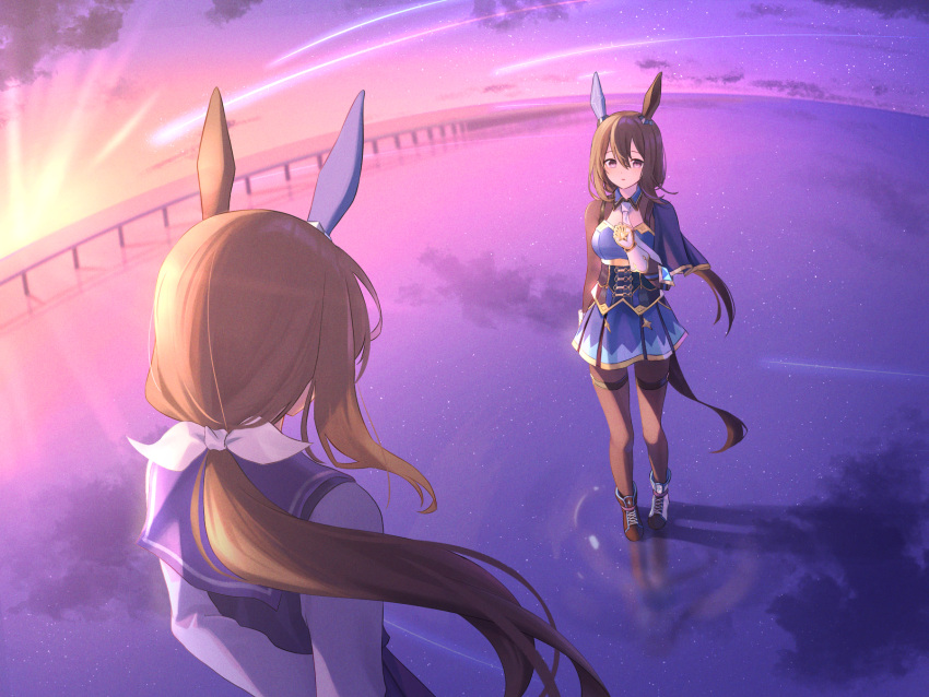 2girls, admire_vega's_twin_sister_(umamusume), admire_vega_(umamusume), animal_ears, asymmetrical_footwear, black_footwear, black_pantyhose, boots