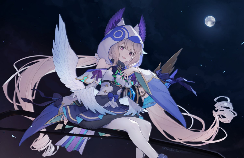 1girl, blonde_hair, commentary, ema_yutaka, enna_alouette, enna_alouette_(1st_costume), full_moon, head_wings
