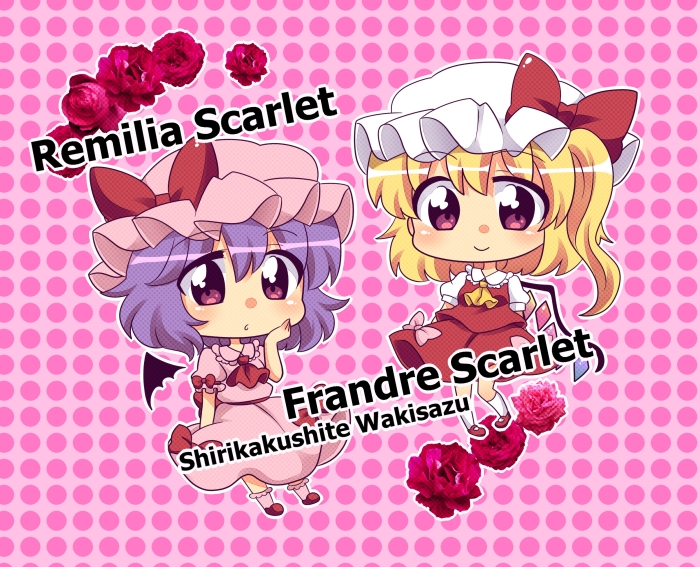 2girls, ascot, bat_wings, blonde_hair, breasts, character_name, chibi, closed_mouth