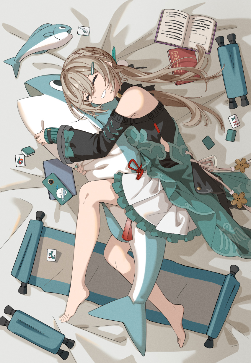 1girl, absurdres, bare_shoulders, barefoot, book, cellphone, chinese_commentary, closed_eyes