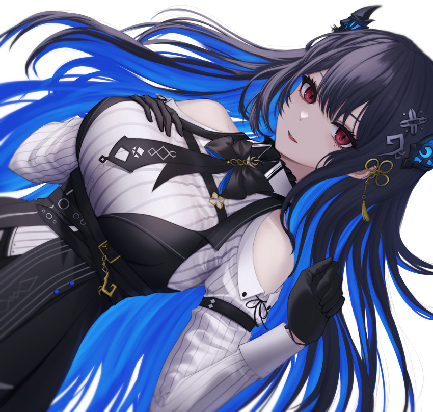 1girl, absurdres, asymmetrical_horns, bare_shoulders, black_gloves, black_hair, blue_hair, bow, breasts, collar, collared_shirt, colored_inner_hair, demon_horns, fur_trim, gloves, hair_ornament, highres, hololive, hololive_english, horns, jdnyang, large_breasts, long_hair, looking_at_viewer, mole, mole_under_eye, multicolored_hair, necktie, nerissa_ravencroft, red_eyes, shirt, smile, solo, two-tone_hair, uneven_horns, virtual_youtuber