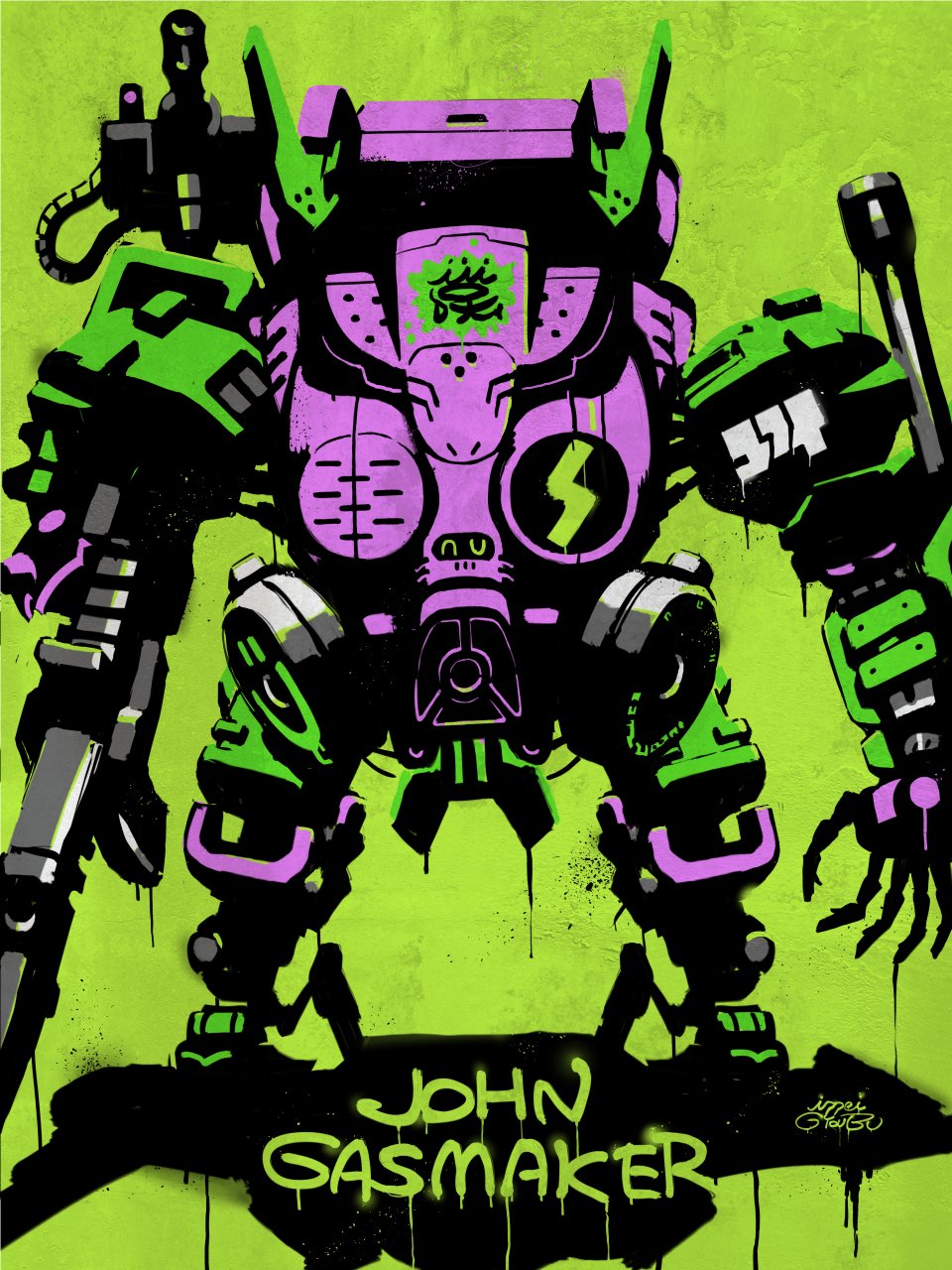 artist_name, green_background, green_eyes, gun, gyoubu_ippei, highres, holding, holding_gun, holding_weapon, john_gasmaker, mecha, one_eye_covered, open_hand, robot, science_fiction, shoulder_cannon, solo, synduality, weapon