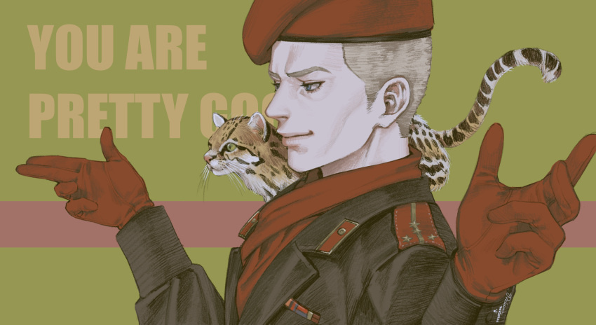 1boy, animal, beret, blonde_hair, english_text, gloves, green_background, hat
