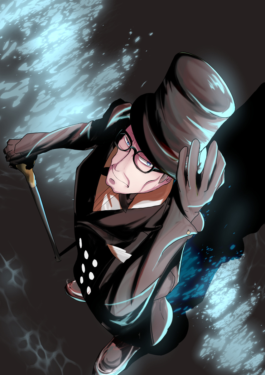 1boy, absurdres, black-framed_eyewear, black_bow, black_gloves, black_headwear, blue_eyes, bow, cane, cheekbones, duke_of_normandy_(princess_principal), from_above, full_body, glasses, gloves, hat, highres, long_sleeves, looking_at_viewer, looking_up, male_focus, outdoors, princess_principal, sancho_(santyo009), shadow, solo, top_hat