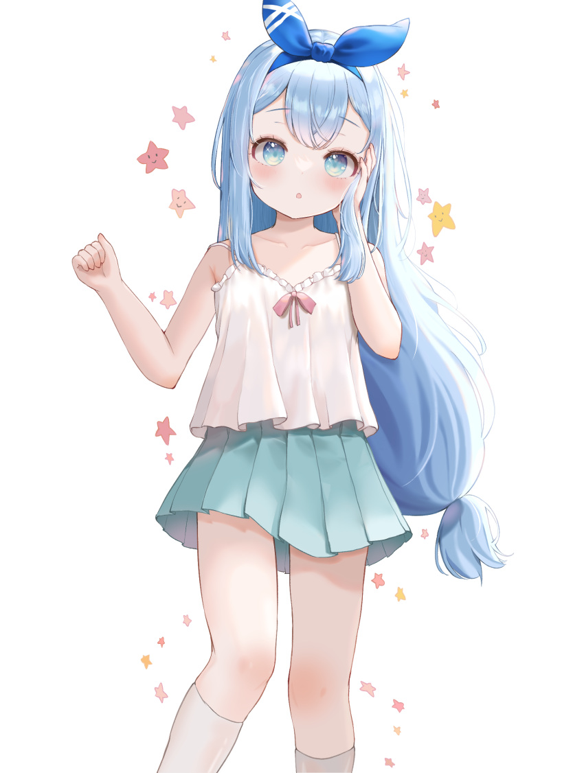 1girl, anchor_(nikke), blue_eyes, blue_hair, bow, child, goddess_of_victory:_nikke, green_skirt