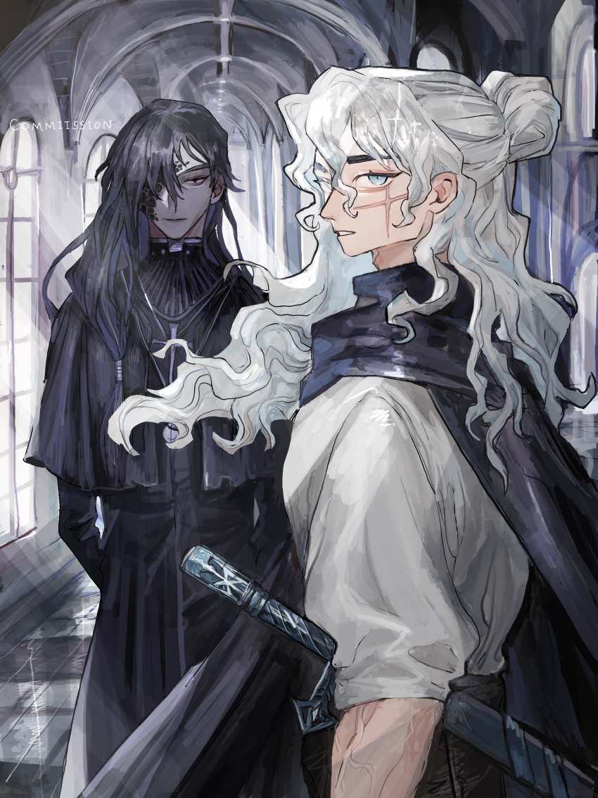 2boys, absurdres, arms_behind_back, black_capelet, black_cloak, black_eyes, black_hair, black_pants