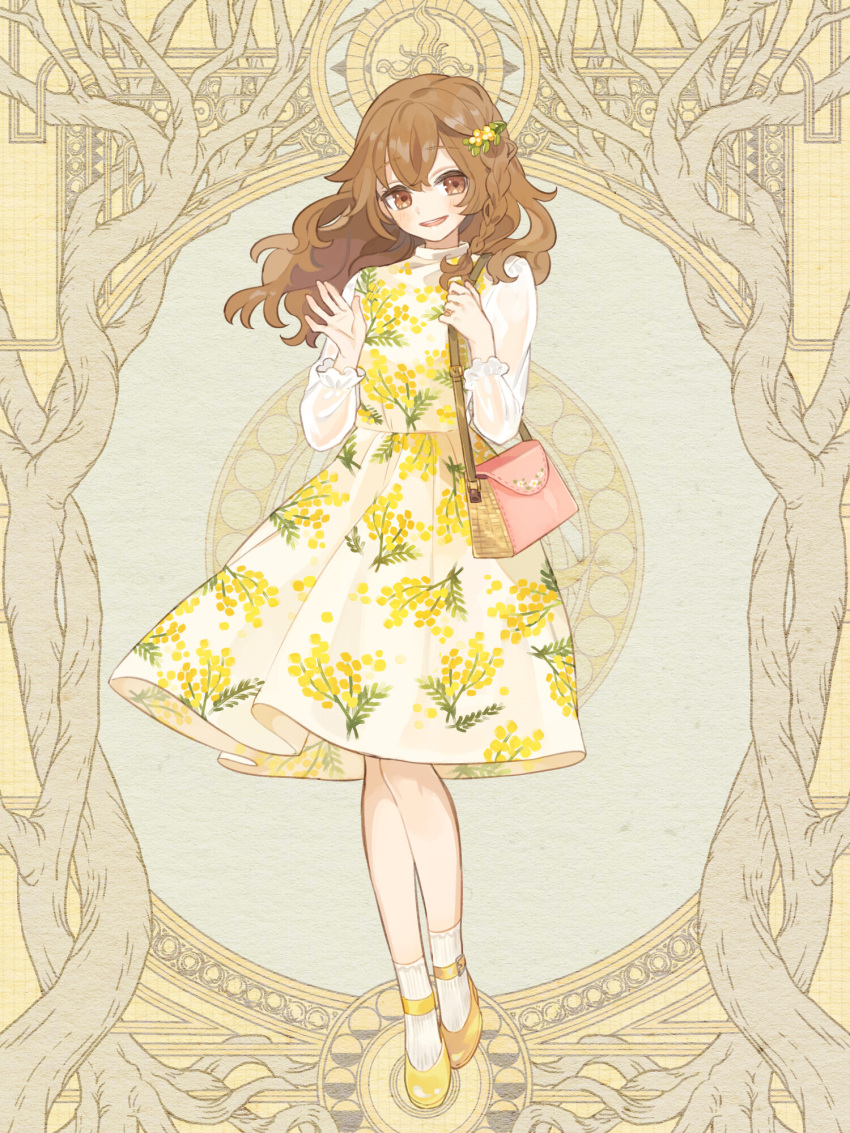 1girl, bag, braid, brown_eyes, brown_hair, dairoku_ryouhei, dress, floral_print, flower, full_body, hair_flower, hair_ornament, handbag, highres, long_hair, long_sleeves, looking_at_viewer, oooita, smile, socks, solo, standing, white_dress, white_socks, yellow_footwear