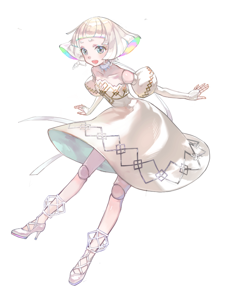 1girl, :d, breasts, colored_inner_hair, dairoku_ryouhei, detached_sleeves, doll_joints, dress, full_body, grey_eyes, high_heels, jewelry, joints, koruche_upanyan, medium_hair, multicolored_hair, puffy_sleeves, rainbow_hair, small_breasts, smile, standing, white_dress, white_footwear, white_hair, yoyokokoyoyoko